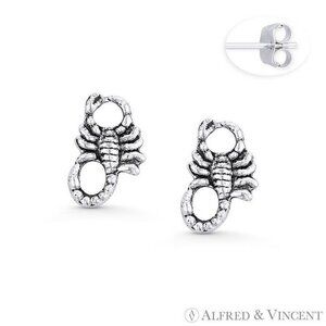 Scorpion Arachnid Zodiac Charm Stud Earrings in Oxidized .925 Sterling Silver